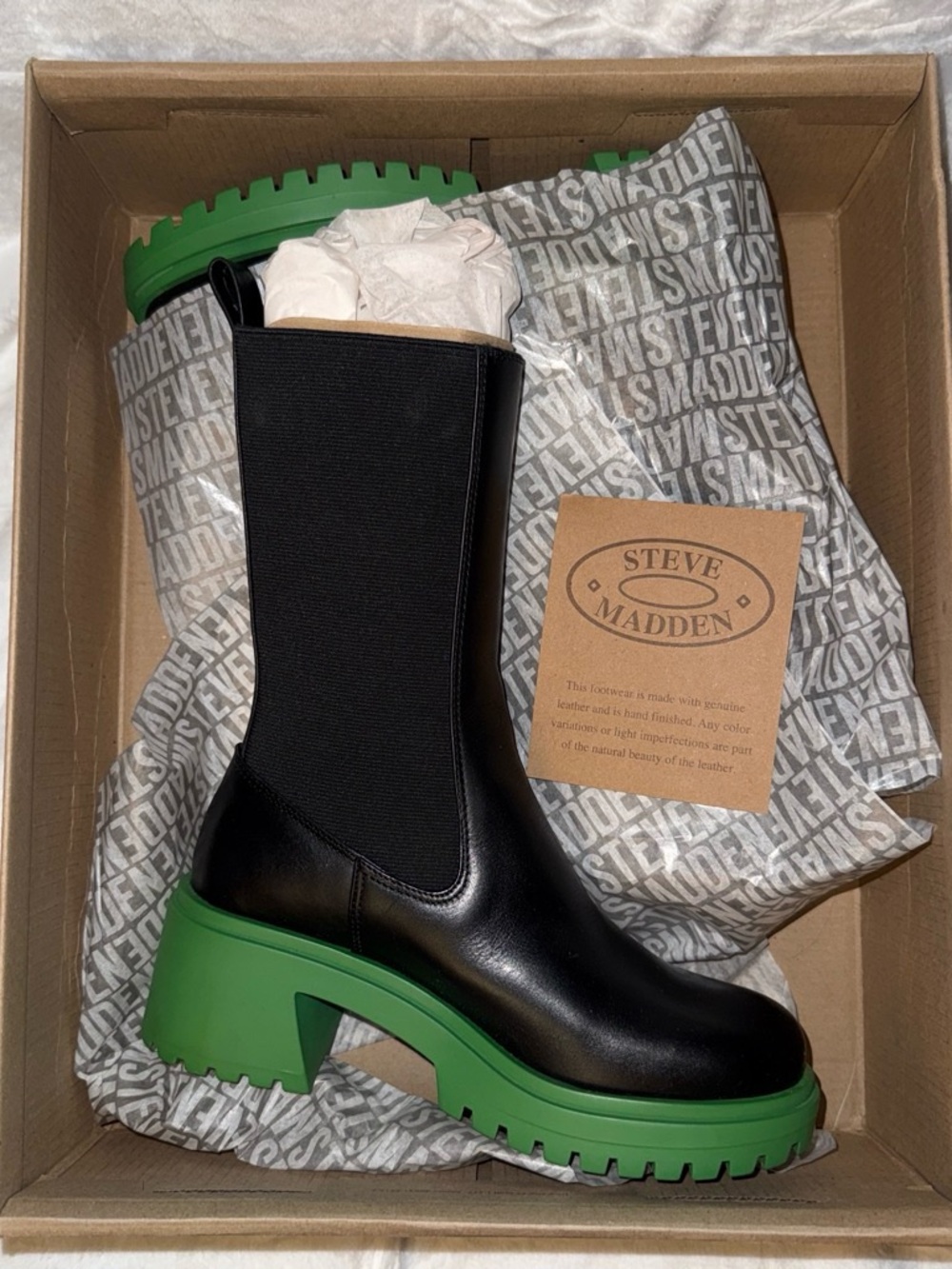 Steve Madden Hesitant Black Leather Mid-Calf Boot with Green Lug Sole